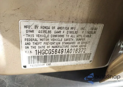 2001 Honda Accord 2.3 Lx z USA, uszkodzony, nr VIN 1HGCG56491A016372